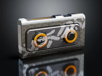 Portable Compact Device With Two Yellow Knobs Metallic Geometric Pattern And Reflective Base 3d model