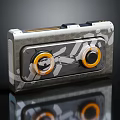 Portable Compact Device With Two Yellow Knobs Metallic Geometric Pattern And Reflective Base