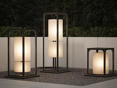 Contemporary Outdoor Lights With Metal Frame White Lampshades Three Different Sizes In Garden Patio Setting 3d model