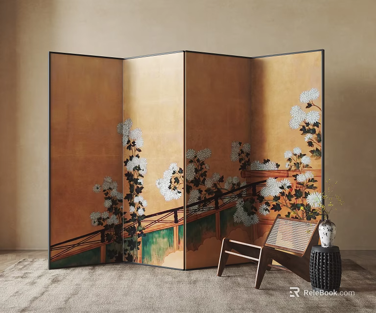 Oriental Folding Screen With Floral Pattern And Bridge Design In Warm Gold Background 3d model
