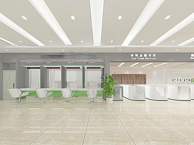 Modern Bank Interior Featuring Business Service Counter Seating And Green Plant 3d model