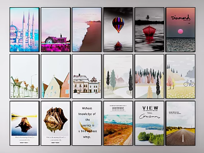 Various Scenic And Architectural Decorative Posters For Home Wall Art 3d model