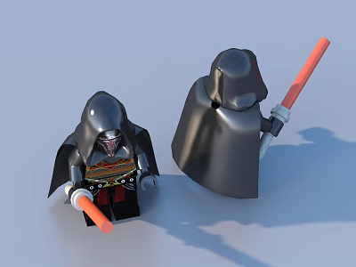 Lego Style Collectible Toy Dolls With Black Cloaks Holding Red Lightsabers 3d model