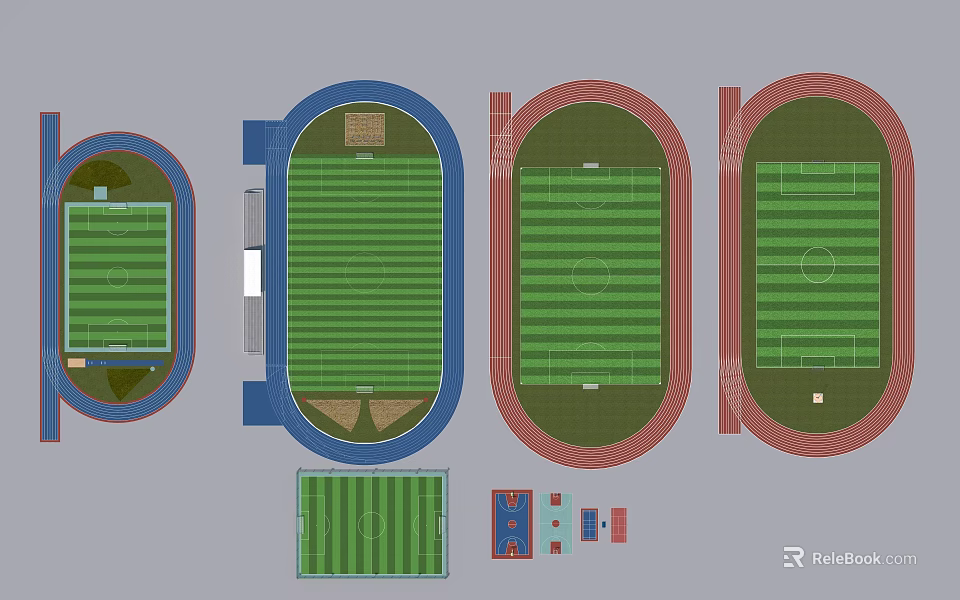 Multiple Sports Field Design Layouts With Green Turf And Running Tracks 3d model 