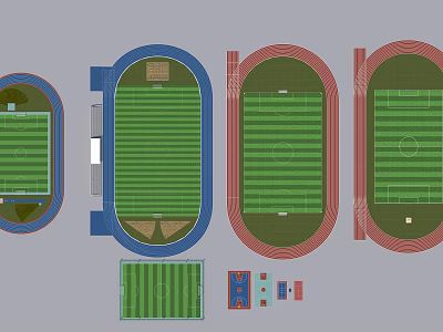Multiple Sports Field Design Layouts With Green Turf And Running Tracks 3d model