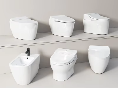 Six Modern White Toilets Displayed In Two Layers On Light Background 3d model