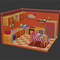 Colorful Kitchen Furniture With Orange Red Cabinets Dining Table And Checkerboard Floor