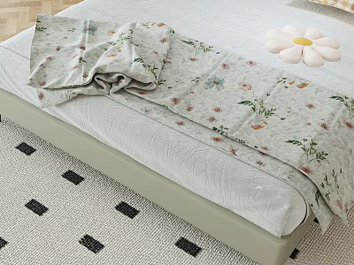 Bedroom Setup With Floral Blanket And Geometric Rug 3d model