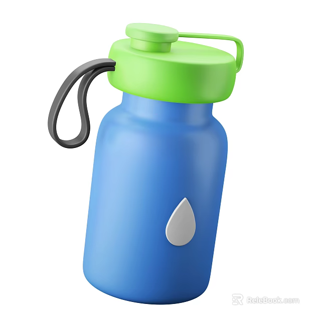 Blue Water Bottle with Green Lid and Black Handle Featuring Silver Droplet Design 3d model 