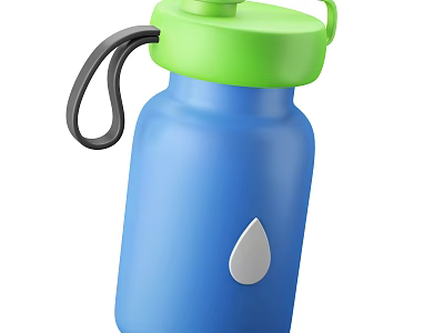 Blue Water Bottle with Green Lid and Black Handle Featuring Silver Droplet Design 3d model