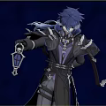Man With Dark Blue Hair In Black Outfit Holding Lantern And Red Glowing Eyes