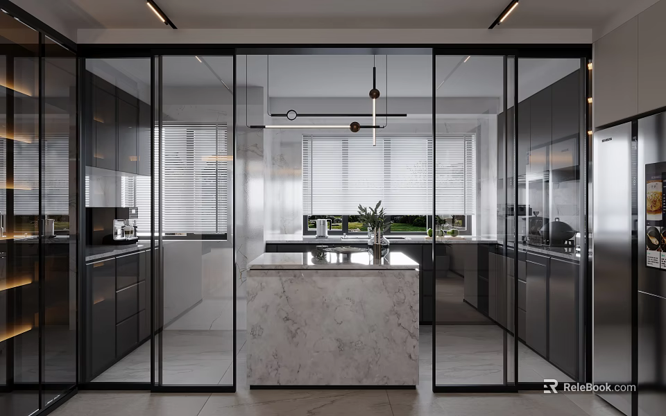 Modern Kitchen Interior With Marble Island Dark Cabinets Glass Doors And Appliances 3d model 
