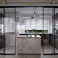 Modern Kitchen Interior With Marble Island Dark Cabinets Glass Doors And Appliances