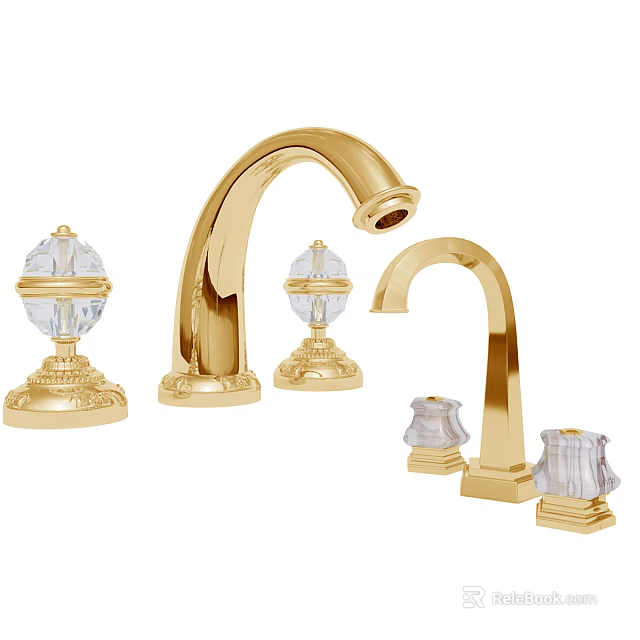 Elegant Golden Faucets With Crystal Accents And Curved Spout Design 3d model 