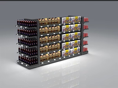 Retail Display Shelving Featuring Multiple Layers Holding Bottled Drinks Boxed Products And Red Packages 3d model