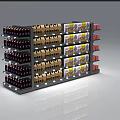 Retail Display Shelving Featuring Multiple Layers Holding Bottled Drinks Boxed Products And Red Packages