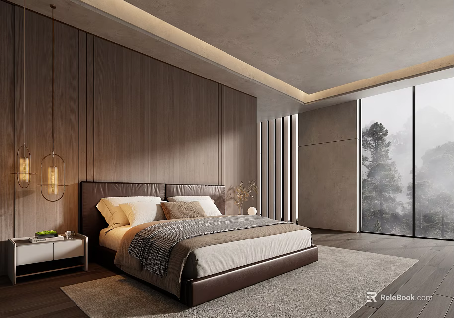 Modern Minimalist Bedroom Interior Design With Wooden Walls Pendant Lights Large Bed And Tree View 3d model 