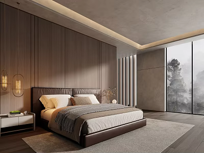 Modern Minimalist Bedroom Interior Design With Wooden Walls Pendant Lights Large Bed And Tree View 3d model