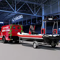 Red Fire Department Emergency Truck Towing Rescue Boat In Industrial Warehouse