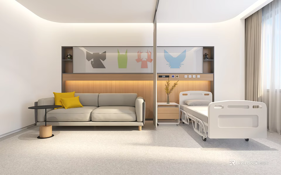 Modern Patient Room Interior Design With Sofa Bedside Table And Wall Decor Elements 3d model 