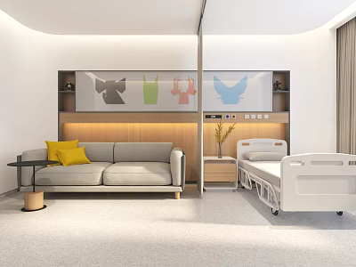 Modern Patient Room Interior Design With Sofa Bedside Table And Wall Decor Elements 3d model