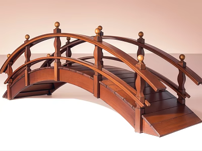 Wooden Landscape Bridge With Arched Design And Spherical Railing Decorations 3d model