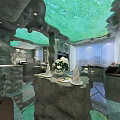 Natural Modern Living Room Interior With Rock Walls Green Ceiling And Glass Floor
