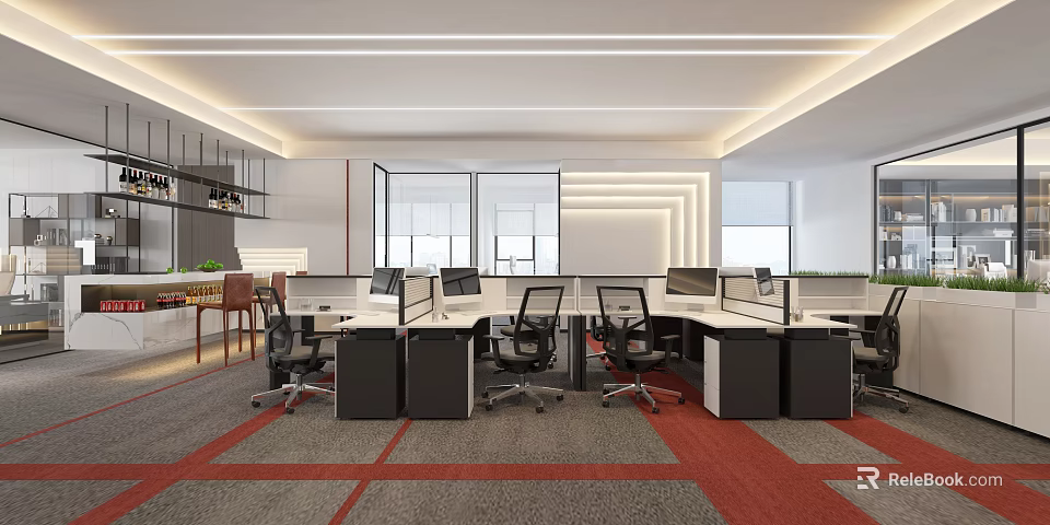 Modern Public Office Space Interior With Multiple Workstations Ergonomic Chairs And Red Carpet Design 3d model