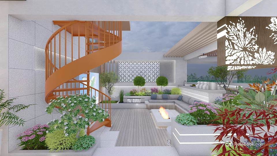 Modern Roof Garden With Spiral Staircase Green Plants Sofa Fire Pit And Wooden Flooring 3d model 