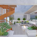 Modern Roof Garden With Spiral Staircase Green Plants Sofa Fire Pit And Wooden Flooring