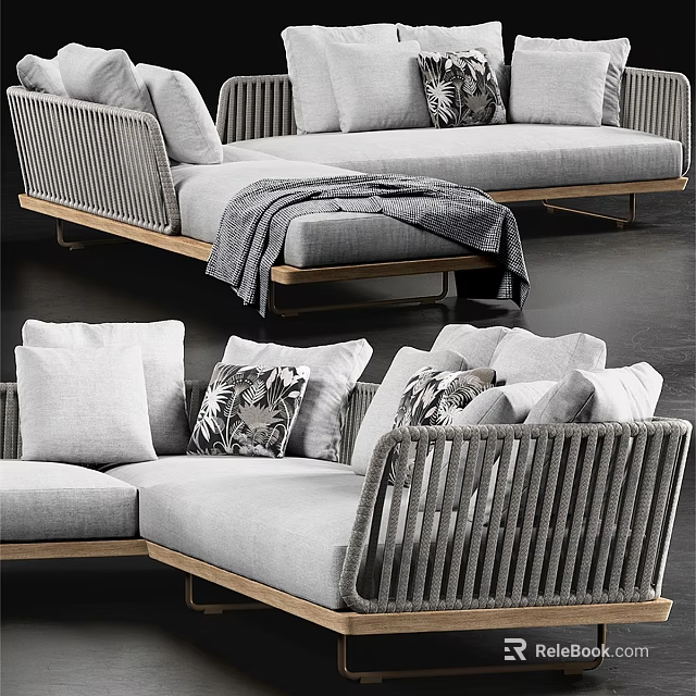 Modern Gray Two-seater Sofa With Woven Design Wooden Frame And Decorative Pillows 3d model 
