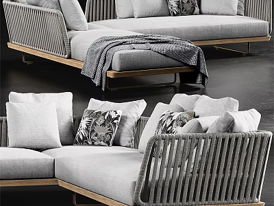 Modern Gray Two-seater Sofa With Woven Design Wooden Frame And Decorative Pillows 3d model