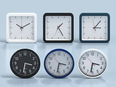 Various Analog Clocks With Square And Round Designs In White Black Blue Colors 3d model