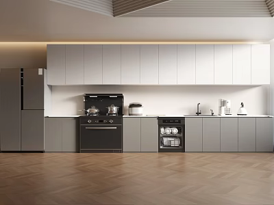 Modern Kitchen Interior Design With White Cabinets Gray Refrigerator Black Stove And Herringbone Wooden Floor 3d model