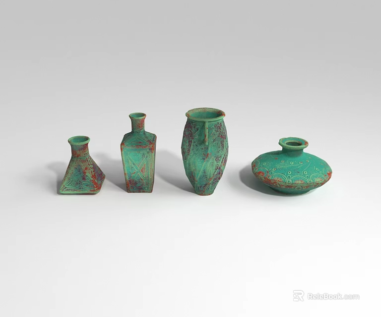 Turquoise Ceramic Vessels Set of Four with Different Decorative Textured Shapes 3d model 
