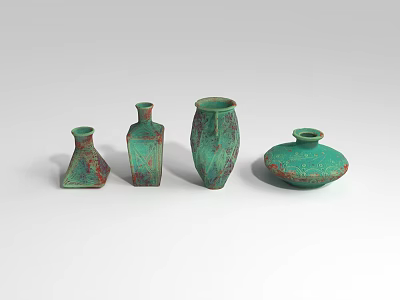 Turquoise Ceramic Vessels Set of Four with Different Decorative Textured Shapes 3d model