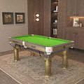 Elegant Green Felt Billiard Entertainment Table With Golden Legs Wooden Cabinets And Decorative Wall Art