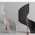 Modern White and Black Spiral Staircase With Red Decorative Accents
