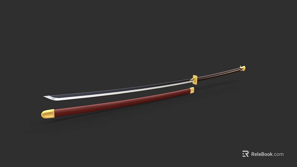 Traditional Katana Weapon With Red Scabbard Black Blade And Gold Accents 3d model 
