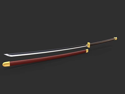 Traditional Katana Weapon With Red Scabbard Black Blade And Gold Accents 3d model