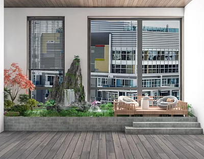 Modern Tea Room Terrace With Wooden Floor Green Plants Rockery And Sofa Chairs 3d model