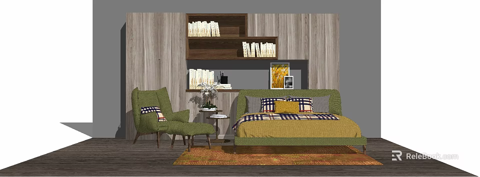 Green Double Bed With Yellow Checkered Bedding Green Armchair Wooden Wall Bookshelf And Orange Rug 3d model 