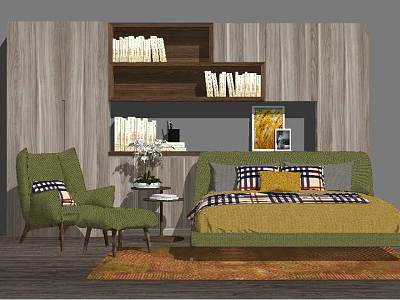 Green Double Bed With Yellow Checkered Bedding Green Armchair Wooden Wall Bookshelf And Orange Rug 3d model