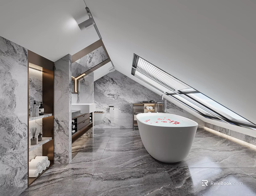 Modern Bathroom Interior With Marble Walls Floors And Freestanding Bathtub Under Skylight 3d model 
