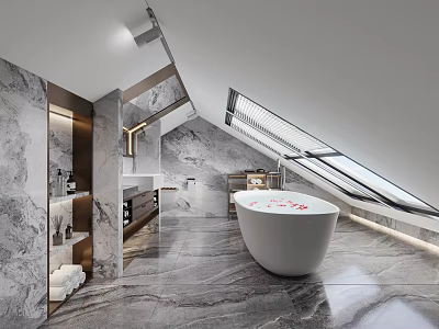 Modern Bathroom Interior With Marble Walls Floors And Freestanding Bathtub Under Skylight 3d model
