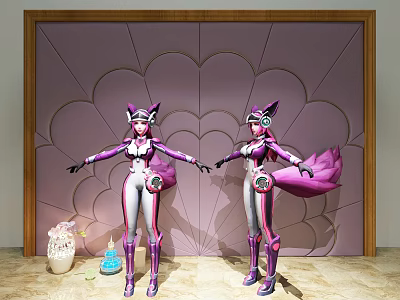 Game Movie Characters In Purple And White Outfits With Fox Ears And Tail Against Pink Petal Background 3d model