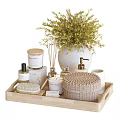 Bathroom Accessories On Wooden Tray With Greenery
