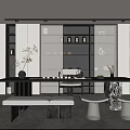 Modern Tea Room Interior Design With Long Table Tea Sets And Marble Storage Cabinets 3d model