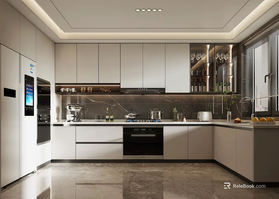 Modern Kitchen Interior Design with White Cabinets Marble Countertops Wine Rack and Appliances 3d model 