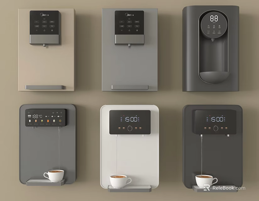 Various Designed Household Electric Coffee Machines With Different Colors Digital Displays and Coffee Cups 3d model 
